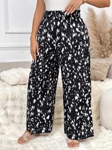 SHEIN Frenchy Plus Size Casual Leopard Print Straight Leg Pants - Black - View 3