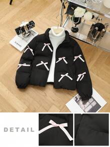 SHEIN Tween Girls Solid Black Color Stand Collar Casual Pink Bow Detail Winter Coat, Thickened Loose Fit Oversized Padded Coat, Super Warm