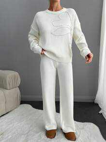EURMUSE Elegant Crew Neck Drop Shoulder Floral Pattern Pearl Beaded Sweater & Wide Leg Plain Solid Sweater Pants 2 Piece Knit Set - White - View 2