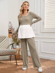 SHEIN 2pcs Maternity Casual Patchwork 2 In 1 Top And Pants Set, Autumn - Apricot - View 4