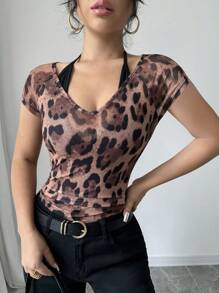 Chiquease V-Neck Leopard Print Ruffle Trim Short Sleeve Casual T-Shirt - Brown - View 6