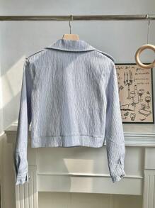 SHEIN Unity 美式女款嬰兒藍紋理翻領機車夾克，高端防風外套，秋季優雅辦公時尚通勤服 - 藍色 - 查看 2