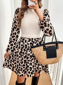 SHEIN Frenchy 1 件女式豹纹罗纹针织长袖迷你连衣裙 - 杏色 - 查看 3