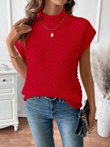 SHEIN LUNE 女士优雅红色浪漫纹理无袖圆领针织毛衣情人节 - 紅色 - 查看 6