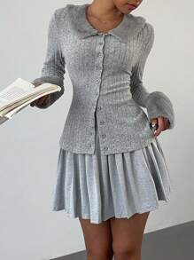 SHEIN SXY 2pcs Women Fluffy Panel Long Sleeve Open Front T-Shirt And Gathered Waist Skirt Set, For Autumn/Winter - Grey - View 1