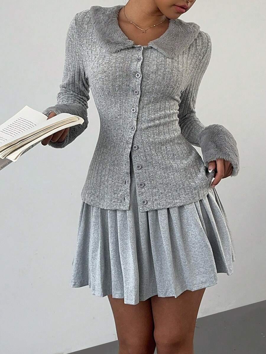 SHEIN SXY 2pcs Women Fluffy Panel Long Sleeve Open Front T-Shirt And Gathered Waist Skirt Set, For Autumn/Winter - Grey - View 1