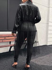 SHEIN Privé 大码优雅通勤/办公室精致高端场所精致下午茶迷人约会音乐表演派对亮片长袖前翻领中间系带拼接多层蓬松网眼中长飘逸 INS 夹克 - 黑色 - 查看 2