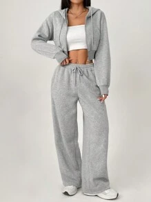 SHEIN PETITE Women's Gray Hooded Sweatshirt & Pants Two-Piece Set