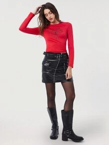 Easelle Áo thun nữ cổ tròn tay dài in họa tiết mạng nhện thu đông màu đỏ - Đỏ - Xem 3