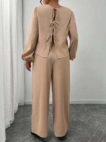 SHEIN Frenchy 2pcs Khaki Color Outfit Set, Shirt + Pants, Reversible Front & Back Wear Shirt, Autumn - Apricot - View 2