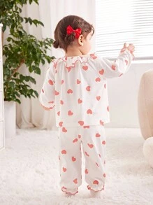 SHEIN 2pcs Baby Girls Heart Pattern Ruffle Trim Collar Long Sleeve Knit Lounge Set, Comfortable Homewear - White - View 2