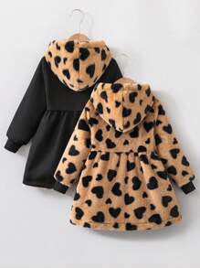 SHEIN Elladie kids 年轻女孩双面心形毛绒连帽拉链夹克，时尚又可爱 - 咖啡棕 - 查看 2