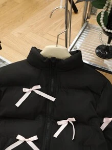 SHEIN Tween Girls Solid Black Color Stand Collar Casual Pink Bow Detail Winter Coat, Thickened Loose Fit Oversized Padded Coat, Super Warm