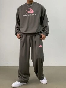 DAZY 2pcs Men Letter Print Round Neck Raglan Sleeve T-Shirt And Pants Set, Autumn - Grey - View 4