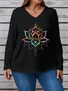 EMERY ROSE Casual Simple Lotus Floral Print V-Neck Long Sleeve Plus Size Black T-Shirt, Spring/Autumn
