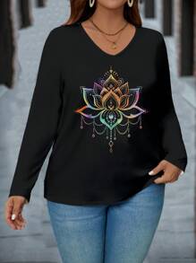 EMERY ROSE Casual Simple Lotus Floral Print V-Neck Long Sleeve Plus Size Black T-Shirt, Spring/Autumn