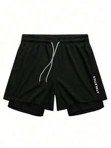 Manfinity Sport Corelite 1pc Boyfriend Style Men's Letter Print Drawstring Waist 2 In 1 Sports Shorts - Black - View 3