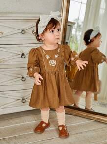 SHEIN Baby Girl Floral Embroidery Round Neck Lantern Sleeve Cute Doll Dress, Autumn - Rust Brown - View 1
