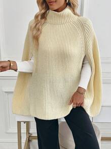 SHEIN Unity 1 Stück Pullover mit Rollkragen, Strickpullover mit Seitenschlitzen und Cape, Strickpullover für Herbst und Winter - Beige - Übersicht 6