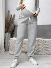 SHEIN 可调节腰部蝴蝶结装饰抽绳裤，秋季孕妇装 - 淺灰色 - 查看 5