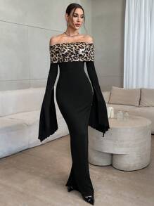 Firerie 1 pieza Vestido elegante de mujer con estampado de leopardo, manga de campana y hombros descubiertos