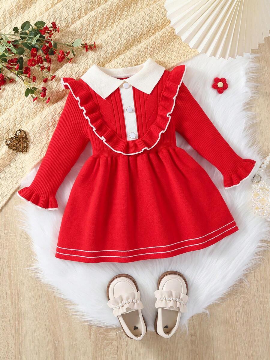 SHEIN Elladie kids Baby Girl Colorblock Collar Long Sleeve Ruffle Hem Cute Sweater Dress, Autumn/Winter - Red - View 1