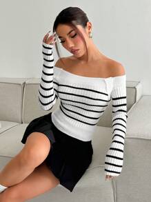 Flirla Suéter de mujer con hombros descubiertos y rayas de contraste, informal para otoño, jersey de punto para otoño e invierno - Blanco y Negro - Ver 3