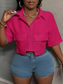 Slaydiva Áo sơ mi nữ tay ngắn cổ polo màu trắng, kiểu dáng thường ngày, có túi, dành cho nữ. - Màu đỏ tím - Xem 6