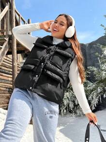 SHEIN EZwear Plus Size Solid Color Front Button Sleeveless Pocket Casual Padded Vest, Women Winter Clothes - Black - View 3