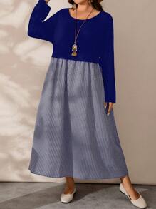 EMERY ROSE Plus Size Round Neck Long Sleeve Plaid Design Elegant Charming Graceful Fall Dress - Navy Blue - View 2
