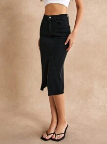 Poéselle 女式開衩斜口袋牛仔裙 - 黑色 - 查看 4