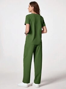 TaskEZ Bộ đồng phục quần áo sơ mi và quần tây tối giản chắp vá tay ngắn màu trơn - xanh quân đội - Xem 2