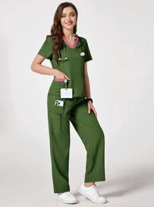 TaskEZ Bộ đồng phục quần áo sơ mi và quần tây tối giản chắp vá tay ngắn màu trơn - xanh quân đội - Xem 4