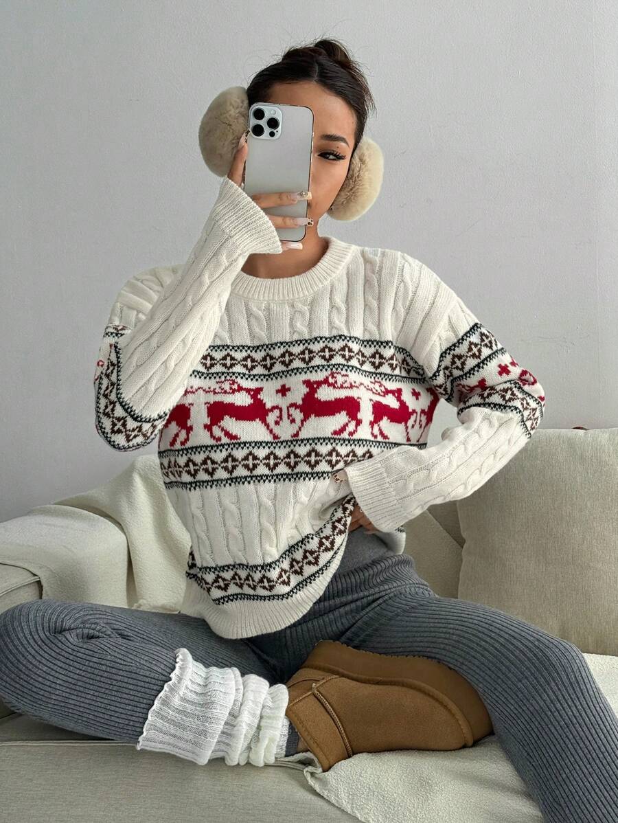 女式圣诞休闲驯鹿几何图案毛衣 - 白色 - 查看 1