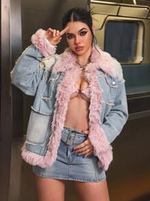 SHEIN EZwear 女士蓬松拼布口袋休闲长袖牛仔夹克保暖加厚牛仔布 - 藍色 - 查看 7