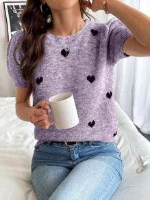 Chiquease 女士休闲心形图案泡泡袖针织上衣，春秋 - 紫色 - 查看 1