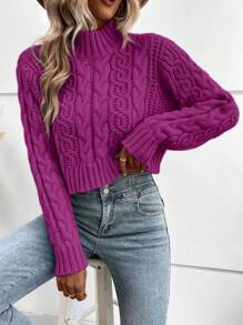 SHEIN LUNE Áo len nữ cổ cao tay dài dáng ngắn màu trơn, kiểu dáng thường ngày, thích hợp mặc mùa thu/đông. - Màu đỏ tím - Xem 5