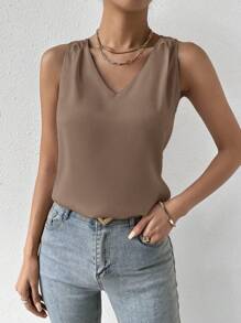 RosyDaze Simple V-Neck Elegant Casual Shiny Fabric Tank Top, Summer