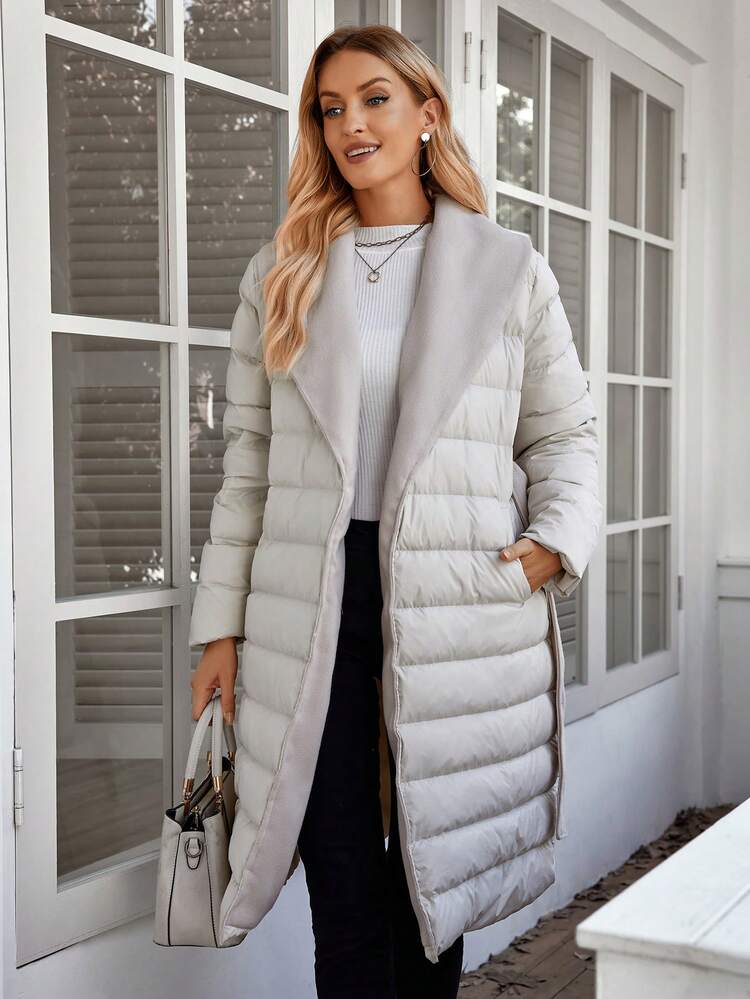 1pc Women Contrast Color Collar Long Sleeve Long Down& Feathers Jacket, Casual Winter Coat