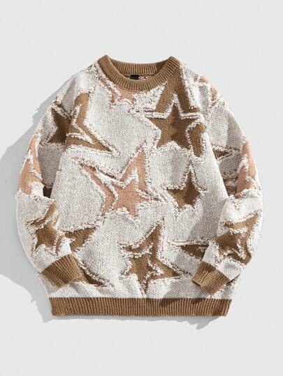 Street Life Men's Stylish Contrast Color Star Jacquard Pullover Sweater, Autumn/Winter