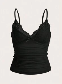 SHEIN CURVE+ Top tipo camiseta con volantes y encaje en contraste, estilo Y2K, para talla grande, para el verano - Negro - Ver 5