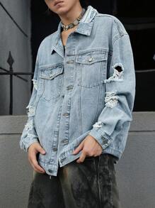 Manfinity EMRG Plus Size Men's Front Button Long Sleeve Pocket Simple Casual Denim Jacket - Blue - View 2