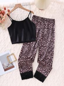 2pcs Teenager Girls Black Solid Color Camisole Top And Leopard Print Pants Pajama Set, With Ruffle Trim Fabric - Multicolor - View 7