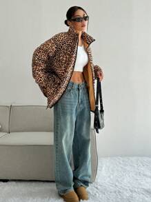 Flirla 1 pieza Abrigo acolchado con cremallera frontal de estampado de leopardo, de manga larga, para vestir informal en invierno