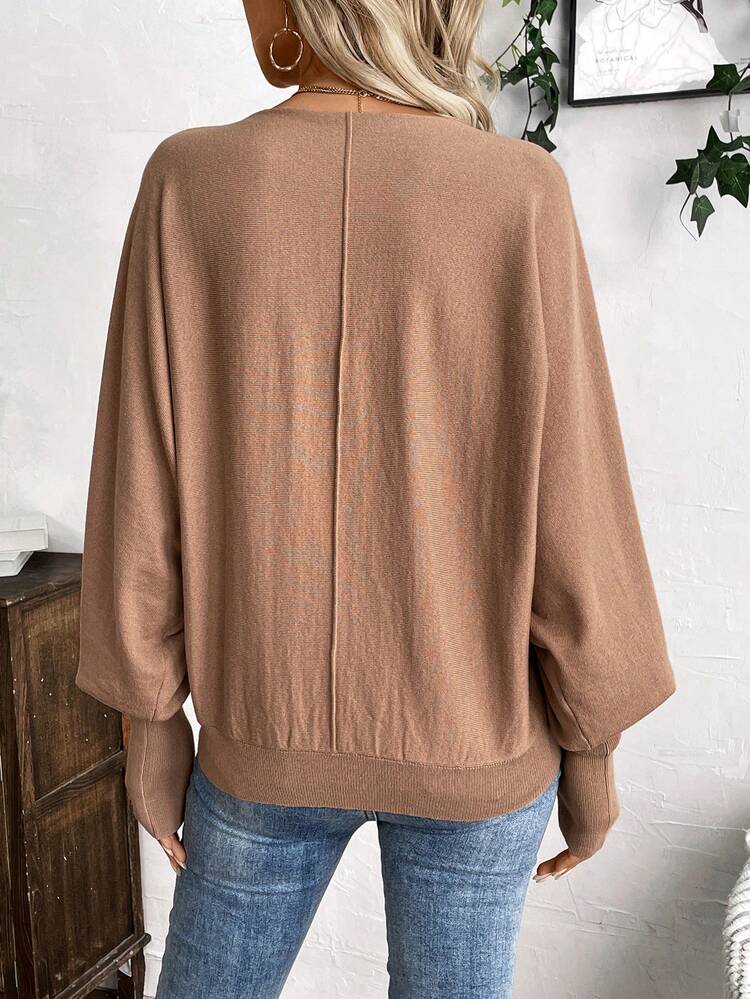 Women's Bat Wing Pocket Loose Knit Pullover Sweater, Casual Fall Sweater