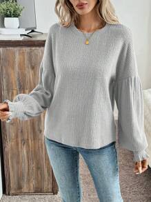 SHEIN LUNE Camiseta casual y romántica de mujer en color marrón con puños con volantes y escote off-the-shoulder, otoño