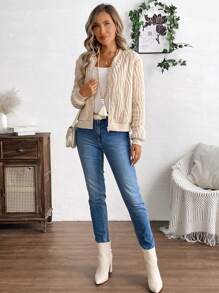 EMERY ROSE 女士休闲纯色拉链毛绒夹克，适合户外、秋季 - 駝色 - 查看 4