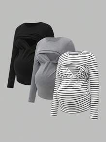SHEIN Modmama Women Plus Size Maternity Nursing Tops, Comfy Long Sleeve Breastfeeding T-Shirt, Autumn Apparel - Black and White - View 2
