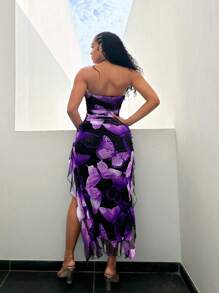 SHEIN SXY 夏季蝴蝶印花飘逸荷叶边露背高开叉紧身连衣裙度假装女装 - 紫色 - 查看 2