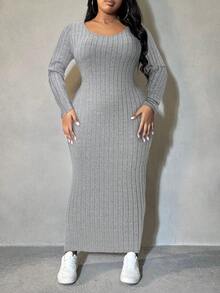 SHEIN SXY 大码女式休闲灰色纯色罗纹针织长袖紧身连衣裙，秋冬 - 灰色 - 查看 4